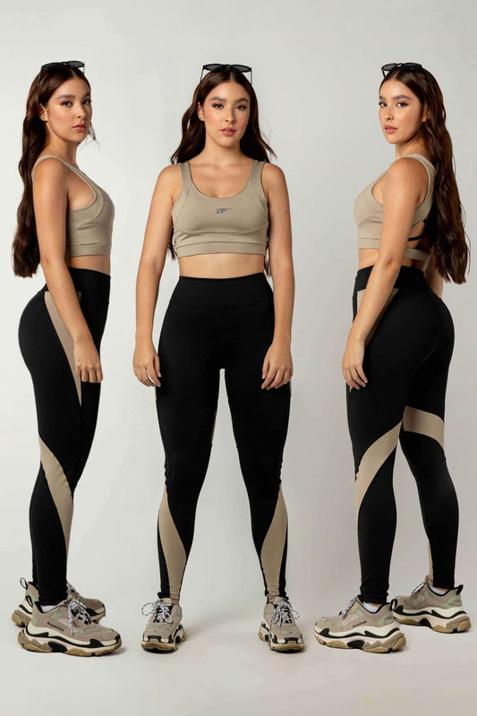 Conjunto Deportivo "Confianza" Color Crema y Negro * Talla Única/OneSize* Se Ajusta Desde Una Talla 6 Hasta Una Talla 12